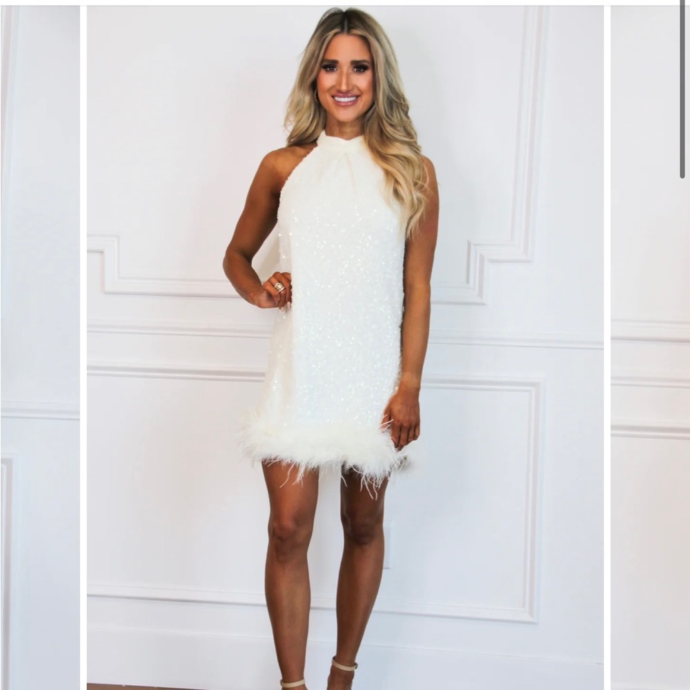 Tessa High Neck Sequin Feathered Dress Ivory